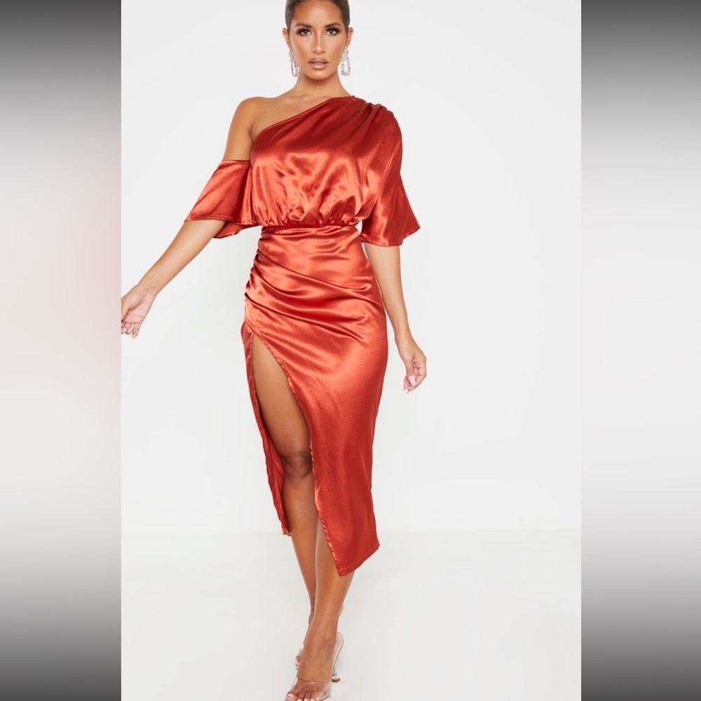 Rust Satin One Shoulder Midi Dress Size 2